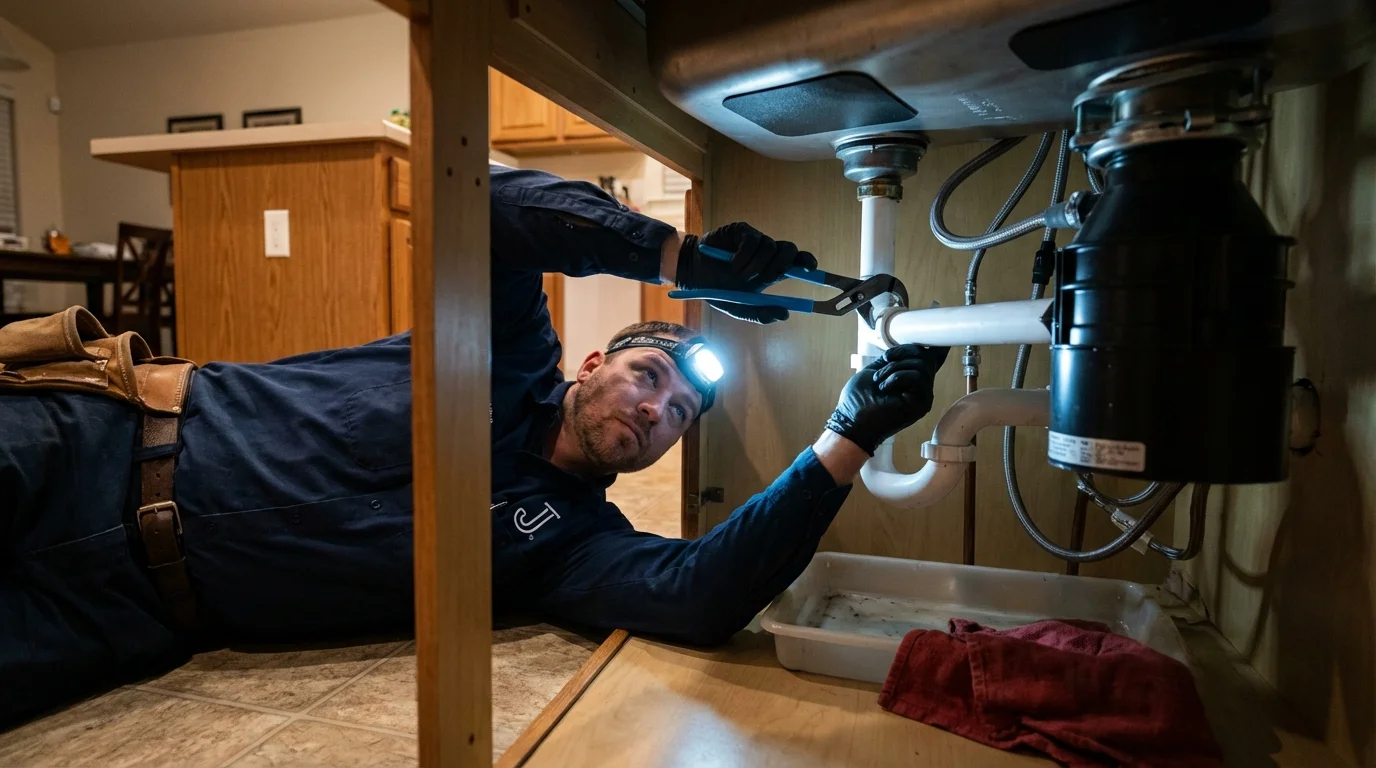 P-trap and supply line connections under a kitchen sink showing a common leak point in Elmore, AL
